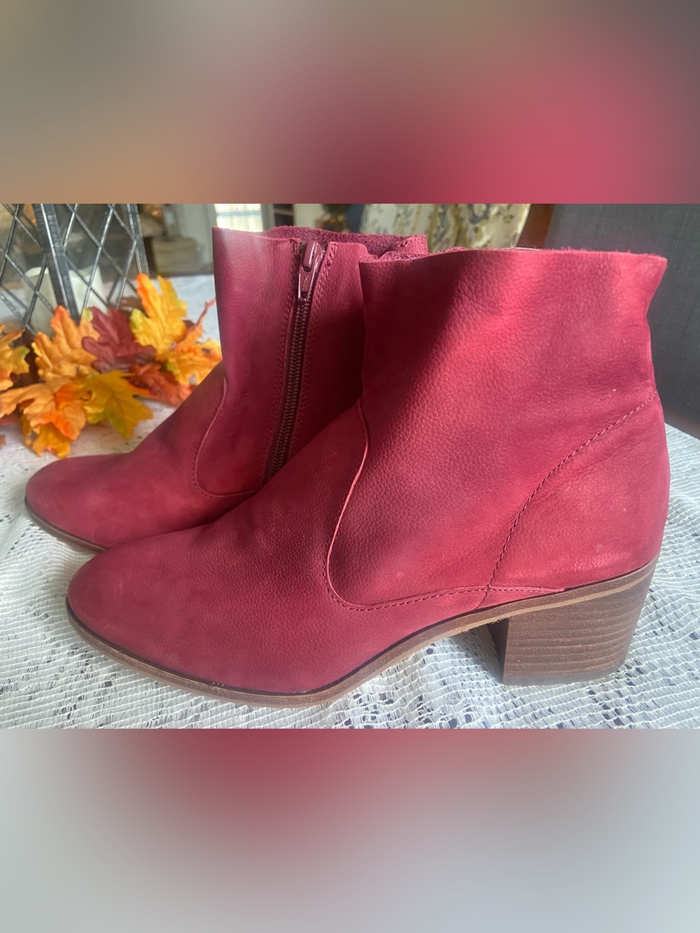 Gianni Bini Cranberey Red Suede Leather Ankle Booties with Block Heel